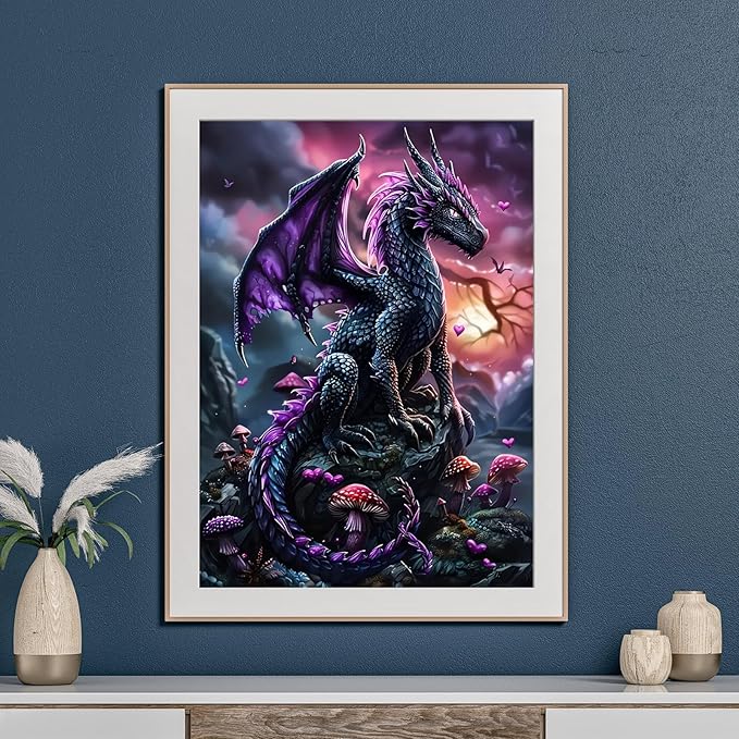 Purple Dragon Diamond Art Kits for Adults, Dragon Diamond Painting for Beginners, Diamond Dot, Gem Painting Kit, Crafts for Adults, Dimond Art Paintings Kit, Crystal Home Wall Decor Gifts (12x16inch)
