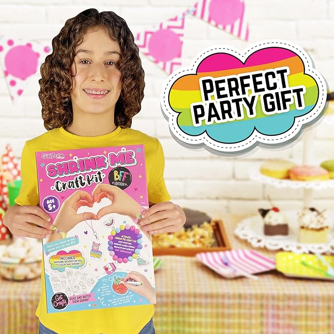 GirlZone Shrink Craft Kit - Pre-Designed Shrink Plastic Sheets & Chalk Pens - DIY Keychain Making Kit & Fridge Magnet Crafts - Screen-Free Kid Art Activity - Ages 8-12, Pre-Designed