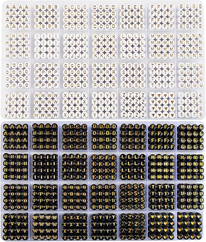 L'EclatDina 1900+ PCS Letter Beads, 2 Box Set Alphabet Beads for Bracelets, Round Number & Heart, 5m Elastic String Jewelry Making Kit, Ideal Gift for Friendship Bracelets (White Gold+Black Gold)