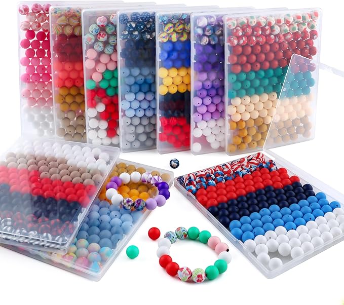 150Pcs Mixed Color 15mm Silicone Beads for Keychain Making, White Purple Print Silicone Beads for Pens and Bracelet Jewelry Making