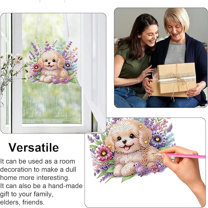 AiYuanzsh 5D Diamond Painting Hanging Pendant Kit with Chain, Cute Dog DIY Crystal Rhinestone Diamond Art Suncatcher Ornament for Window, Door, Wall, Home Decor Gift (25.2x23.8 cm)