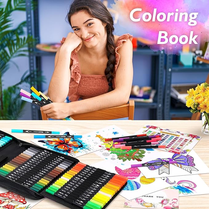 iBayam Art Markers Set, 72 Colors Dual Tip Brush Pens for Adult Coloring Book, Note-Taking, Calligraphy, Journaling, Sketching and Lettering, with Gift Case for Adult Office Art Supplies