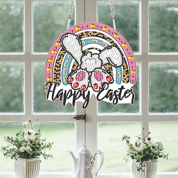 AiYuanzsh DIY Happy Easter Bunny Diamond Art Hanging Ornament, Special-Shaped Crystal Diamond Painting Pendant for Home and Office Decoration
