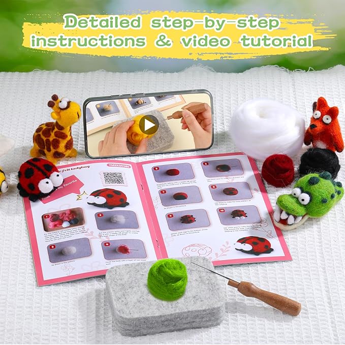 Fedmut Needle Felting Kit - 13Pcs Needle Felting Kit for Beginners with Wool Roving, Felting Pad, Felting Needles for Starters DIY Craft Animal Home Deco Birthday Gift
