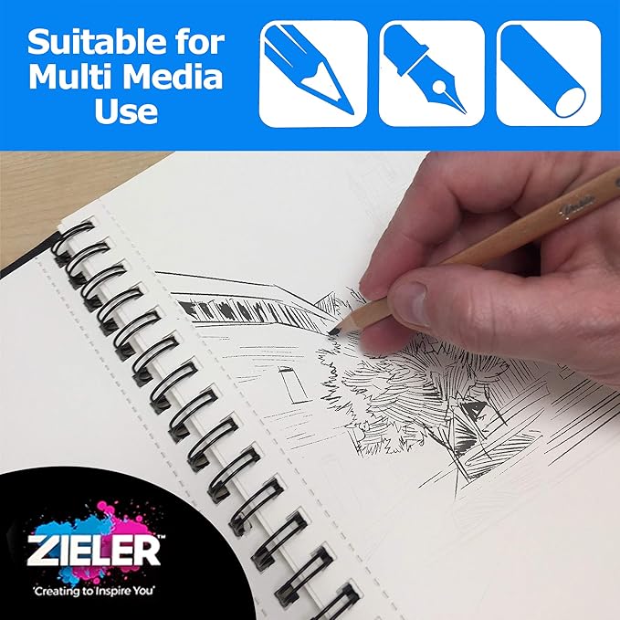 Hardback Spiral Mixed Media Sketch Book – 150gsm 50 Sheets - by Zieler™. Ideal for use with Pencils, Charcoal, Graphite, Pastels & Light Watercolour. Perforated & Acid Free Sheets - Portrait (A5)