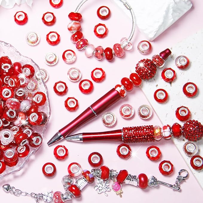 60Pcs Large Hole Beads Spacer Beads Red Assorted European Craft Big Beads Large Hole Lampwork Murano Bead Fairy Wand Garden Bead for DIY Charm Bracelet Necklace Jewelry Making Decoration Supplies