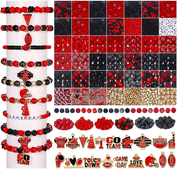 3000PCS+ Game Day Beads for Bracelets Making Red Black Clay Heishi Beads Pearl Acrylic Letter Bead Enamel Football Charms for Bracelet Earrings Necklace Making DIY Game Day Accessories (Red Black)