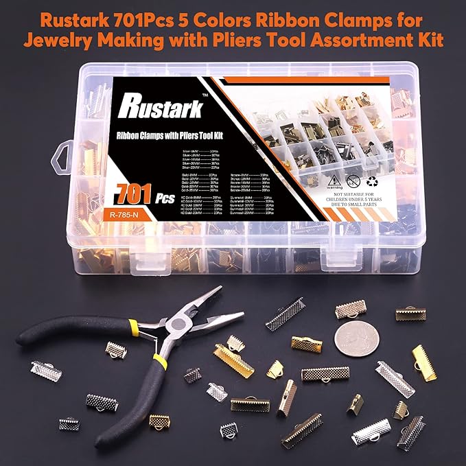 701Pcs 5 Colors Ribbon Clamp Ends for Jewelry Making with Pliers Tool Assortment Kit Bracelet Leather Bookmark Pinch Crimp Ends with Loop