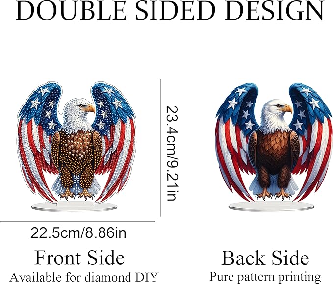 JJFox DIY Tabletop Diamond Art Painting Kit,Desktop Ornament Special Shaped Rhinestone Desk Placement Ornament,Home Stand Up Gem Painting Craft Kit Gift Double Sided (USA-Eagle)