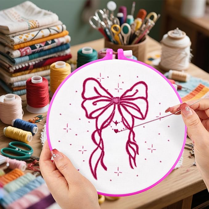 2 Sets Pink Hand Embroidery Kits for Beginners Adults, Cute Bow Embroidery Starter Kits, Cross Stitch Kits for Beginner Needlepoint DIY Kits for Adult, 2 Set Embroidery Hoops, Thread & Video Tutorial