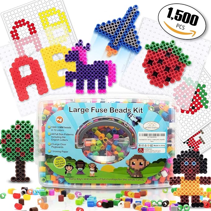 fuse beads kit of 1500 large 10mm melty beads perfect for ages 4-7 with 48 patterns and pegboard arts and crafts for girls and boys
