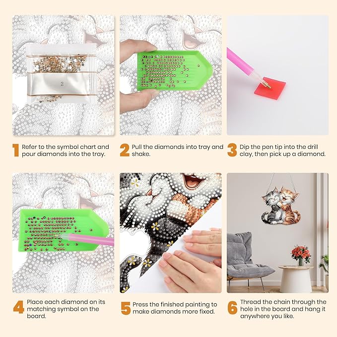 MXJSUA Cartoon Kittens Diamond Art Hanging Kits for Adults Beginners, DIY Acrylic Special Shaped Crystal Diamond Gem Drills Pendant Art Painting Ornament for Home Wall Decor Gift