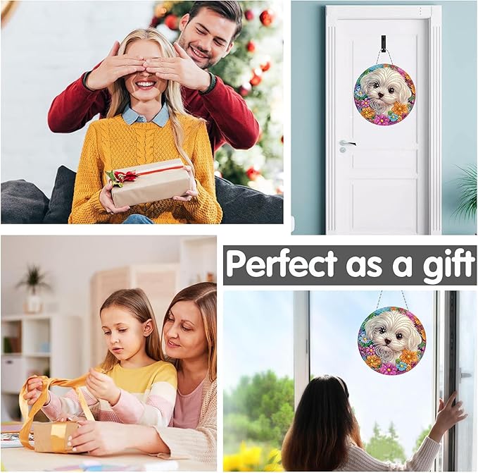 Bimkole Dog Diamond Art Hanging Kit for Adult, DIY 5D Diamond Art Pet Animal Window Pendant, Acrylic Crystal Art Hanging Ornament Home Wall Garden Front Door Sign Outdoor Decor 7.8x7.8 Inch