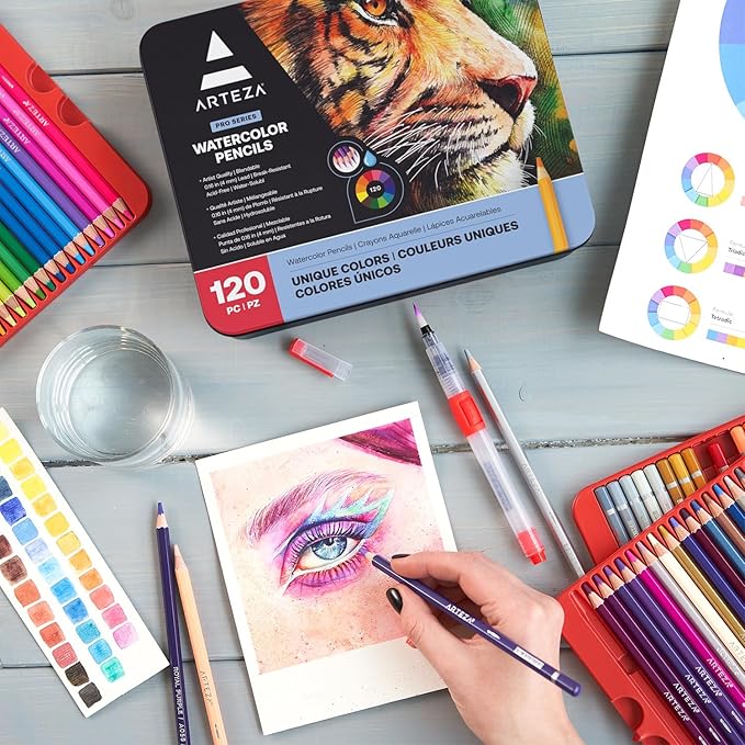 ARTEZA Watercolor Pencils, Set of 120, Water-Soluble Colored Pencils with 4 mm Break-Resistant Core, Pre-Sharpened Tips, and Metal Storage Tin for Blending, Layering, and Wet or Dry Techniques
