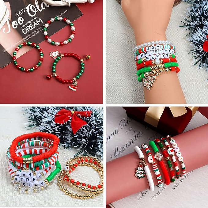 1938Pcs Christmas Beads for Jewelry Making, Red Green White Christmas Bracelet Making Kit Star Beads Polymer Clay Beads Heishi Beads 6mm Pearl Beads 8mm Acrylic Round Beads for Adult Craft Necklace