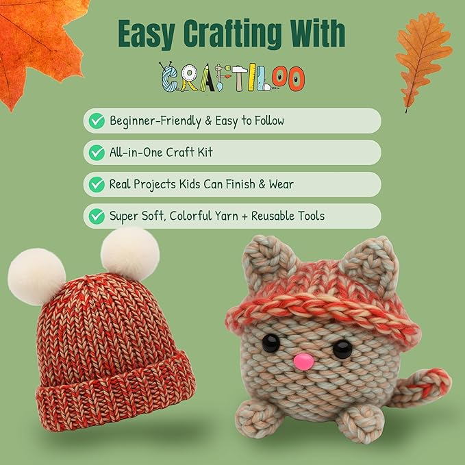 craftiloo knitting kit for kids – beginner knitting kit to make a hat & cat – quick knit loom kit with yarn, tools & instructions