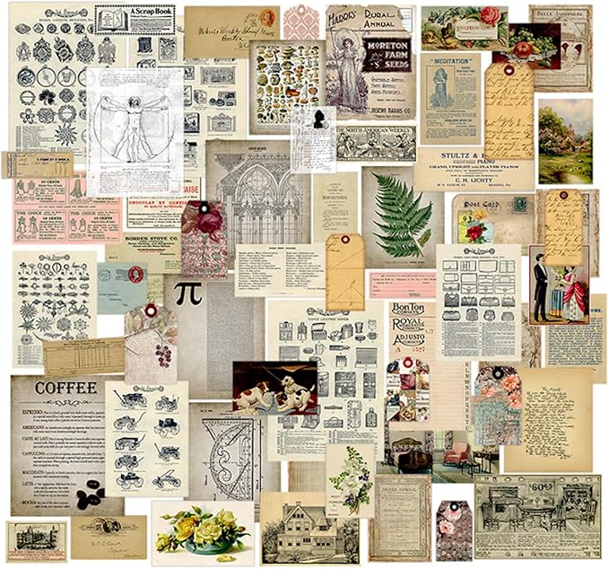 CATaireen Vintage Junk-Journal Mixed Paper Scrapbooking Embellishments Set Retro Journaling Decoupage Stickers Textured Packaging Decorative Cards Tags Kit (Old Photos 3)
