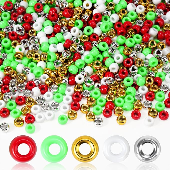 1000PCS Christmas Pony Beads Bulk – 6x9mm Red Green White Gold Silver Kandi Beads for Bracelets, Hair Braids, Jewelry Making, Crafts & DIY Holiday Decorations