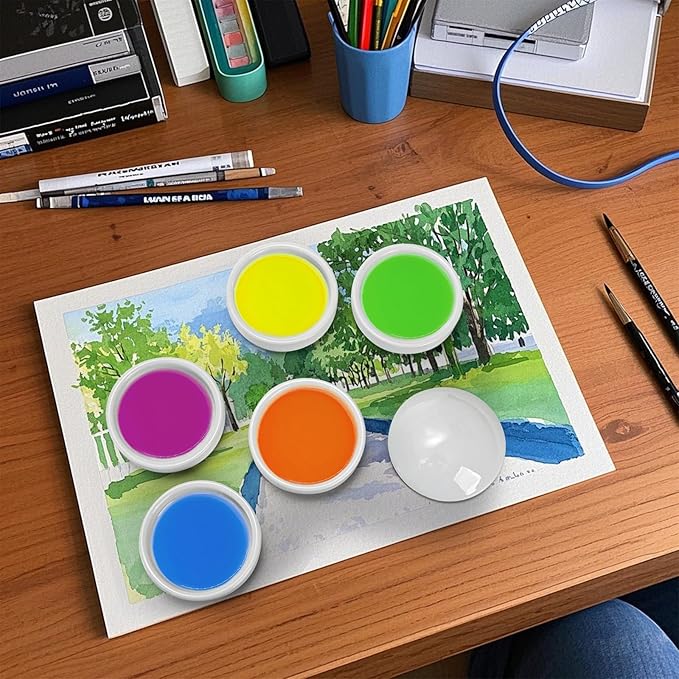 Jucoan 2 Pack Ceramic Watercolor Palette, 5 Layers Stackable Watercolor Mixing Trays Set, Round Porcelain Artist Paint Palette Bowl Dish with Lid for Gouache Pigment Chinese Ink Mixing