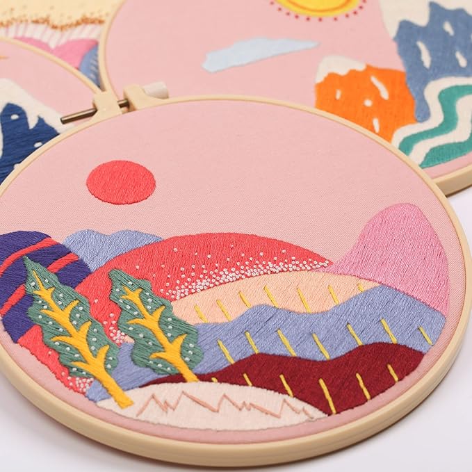 harimau 4pcs beginner embroidery kit,natural landscape pattern,cross stitch kits, including stamped embroidery cloth with 2 embroidery hoops, multicolor color threads for embroidery kits