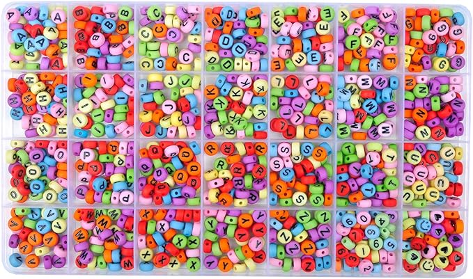 L'EclatDina 1000+ PCS Letter Beads, Alphabet Beads for Bracelets, Round Number & Heart, 5m Elastic String Jewelry Making Kit
