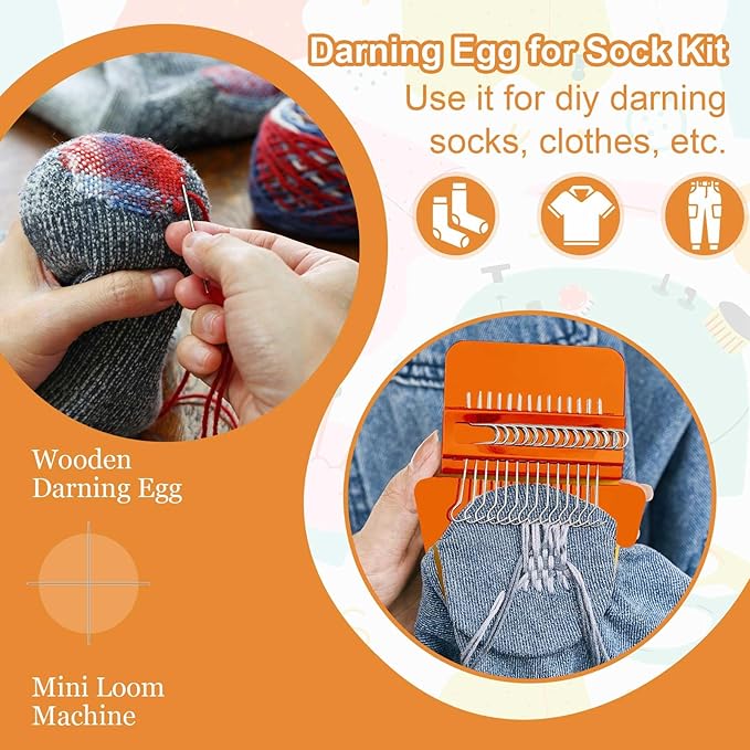 Jexine Mini Darning Egg for Socks 14 Hooks Small Speedweve Style Weaving Darning Loom with 9 Pcs Large Eye Needles 50 Colors Thread for Handcraft DIY Weaving Repair Tool(Bright Color)