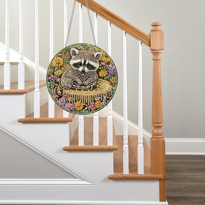 Pavemlo Hanging Diamond Art Kits for Adults Raccoon – 8x8 Inch Double-Sided Acrylic Board DIY Crystal Diamond Suncatcher Pendant, Sparkling Home Wall or Window Decoration Handmade Gift