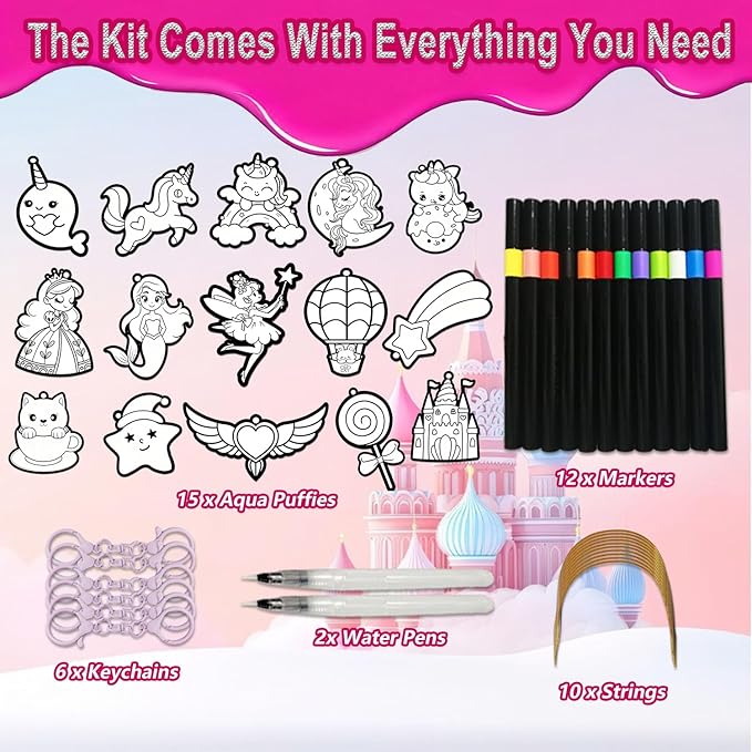 skyenchant 3d foam painting kit for kids, diy aqua puffing art to inflate, creative gift for girls & boys ages 4-10, christmas birthday travel present(princesses & unicorns)