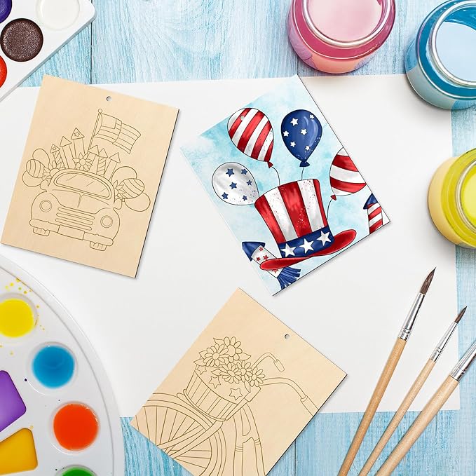 COCHIE 10 Pieces Large 4th of July Unfinished Wood Crafts to Paint for Adults, Bulk Predrilled Wooden Ornaments for Painting, Independence Day Paintable Wood Slices Craft Supplies with Ropes