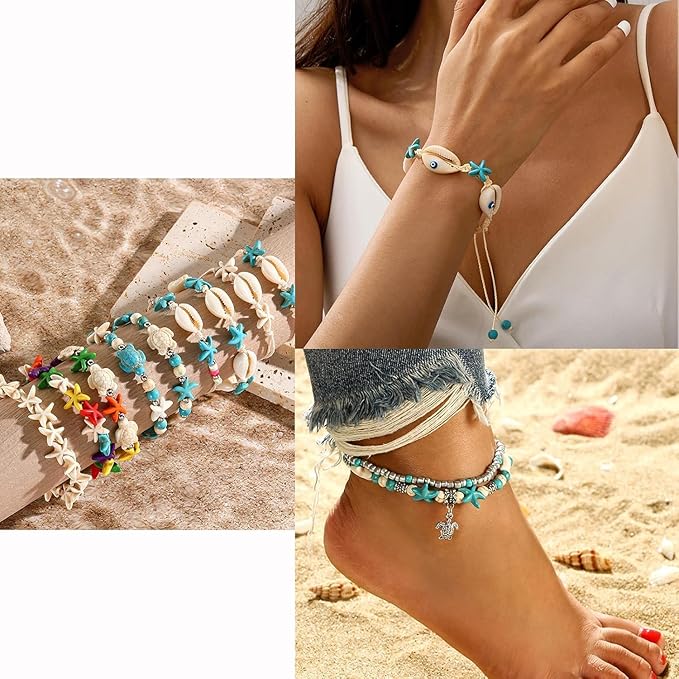 325Pcs Turquoise Sea Turtle Beads Blue and White Starfish Beads Tortoise Turtle Charms Summer Ocean Animal Spacer Bead Shell Bead for Jewelry Making DIY Bracelet Necklace Supplies(Box)