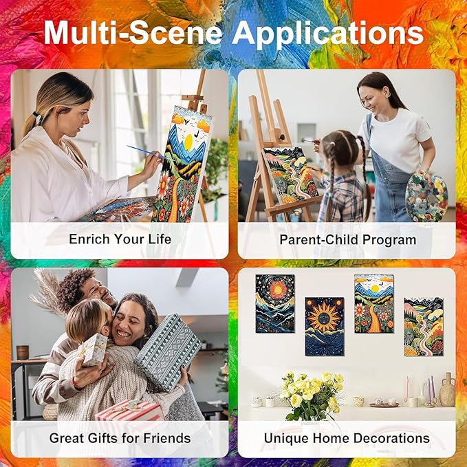 4 Pack Paint by Numbers for Adults with Framed Canvas - with Wooden Easel, Abstract Landscape Paint by Number on Canvas, Scenery Acrylic Oil Painting Kits with Brushes for Home Wall Decor (8x12 inch)