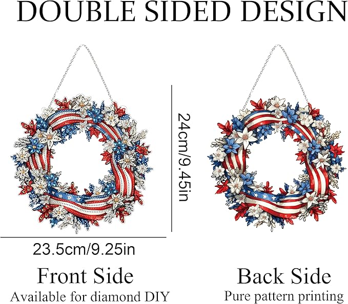 Diamond Art Hanging Kit for Adult,Special Shaped Rhinestone,Double Sided DIY Acrylic Diamond Art Painting Window Pendants Home Garden Wall Hanging Kits Hanging Ornament (Independence Day Wreath)