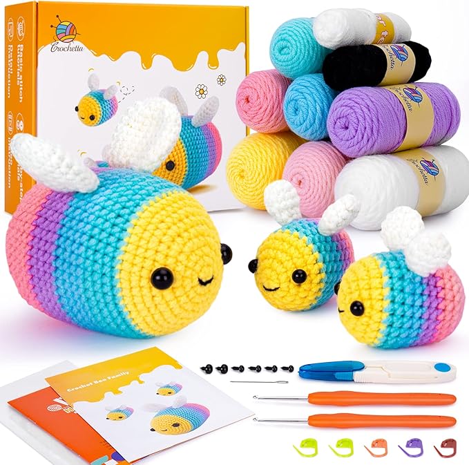 Crochetta Crochet Kit for Beginners, Beginner Crochet Starter Kit w Step-by-Step Video Tutorials, Learn to Crochet Kits for Adults Women Men, DIY Knitting Supplies, Bee Family (Yellow)