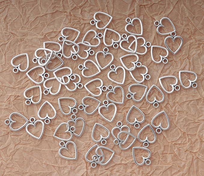 Ruwado 50 pcs Hollow Heart Charms Jewelry Making Kits for Jewelry Making 1.5 x 1.2 cm Accessories for DIY Crafting Project Christmas Tree Décor Necklace Bracelet Keychain Earring Supplies (Silver)