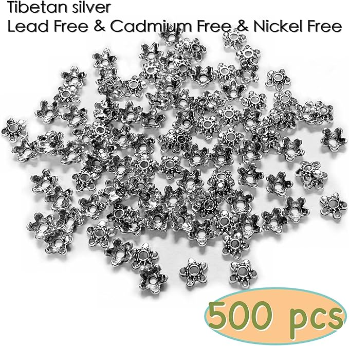 Heather's cf Flower Bead Caps Custom Fancy Charm Jewelry Making Spacer Kit Findings Bulk Vintage for Bracelets Earrings Necklaces Rings Beading Supplies Craft Non Tarnish DIY (Silver Star - 500 Pcs)