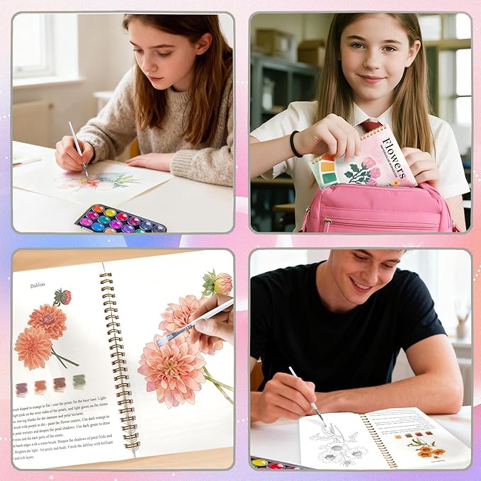 Watercolor Workbook Spring Flowers Coloring Book with 18 Colors Water Color Tutorial Instruction Painting Book Travel Kit Paint Set for Adults Beginners Artists