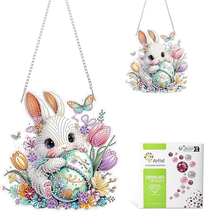 MAXBYE Easter White Rabbit with Eggs Hanging Diamond Art Painting Kits for Adults Beginners, DIY 5D Special Shaped Crystal Painting Diamond Kits Hanging Ornament for Gift Home Wall Door Decor 8×12Inch