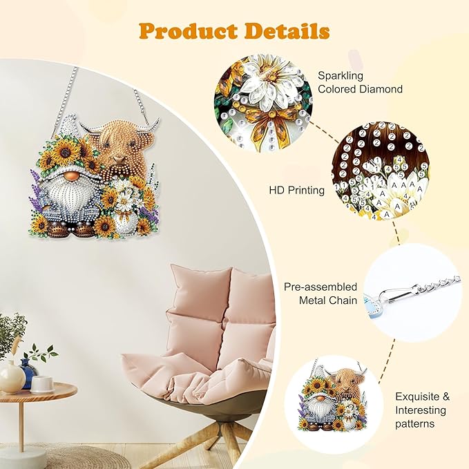 HEIBAGO Cow and Gnome Diamond Art Hanging Kits for Adults, Sunflowers Diamond Art Suncatchers, 5D Special Shape Diamond Painting Pendant Window Ornament Gifts for Home Garden Door Wall Decor 8.3x8.3In