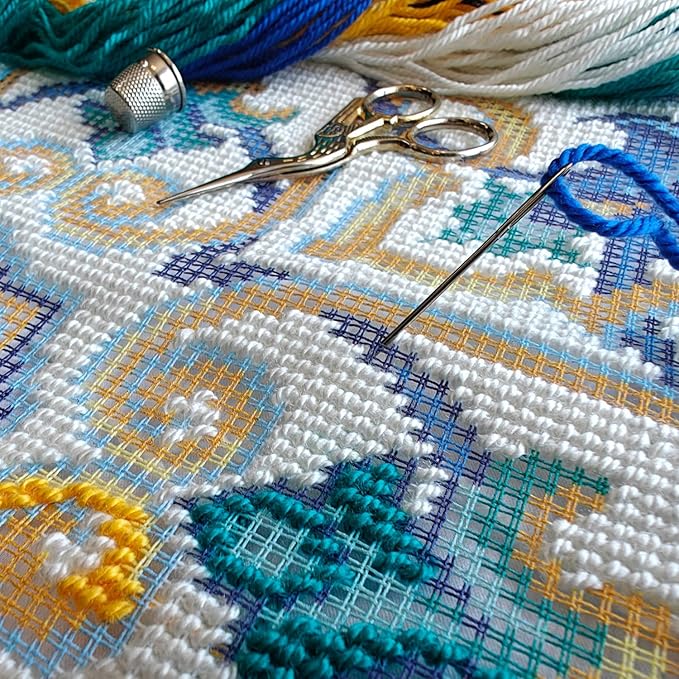 Brvsk Ornamental Embroidery Kit for Adults and Beginners — Porto 16″ × 16″ with Clear, Precise Printed Design on Cotton Canvas; Includes 2 Needles, Yarn, and Easy-Read Chart