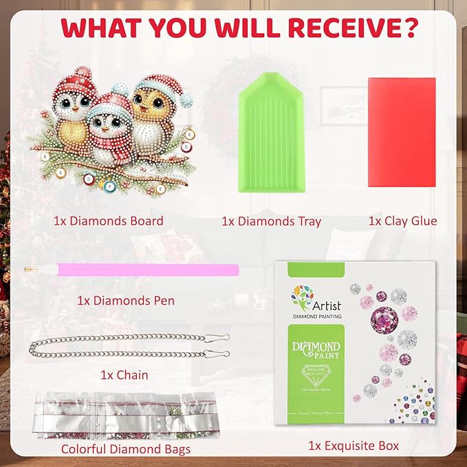MEIYUDA Christmas Birds Diamond Art Hanging Kits for Adult, Cute Winter Birds Diamond painting Hanging Kits Ornaments, DIY Special Shaped Rhinestone Window Pendants kit for Home Garden Wall Decor Gift