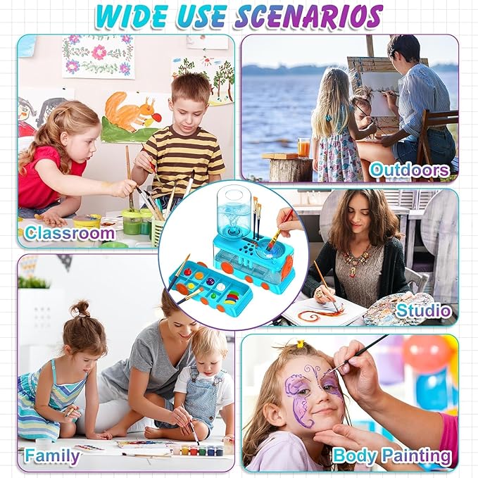 Paint Brush Cleaning Kit for Kids with 5 Brushes, Art Smock, Washable Mat, Guidebook, Spiral Brush Cleaner Jar for Watercolor(Blue)