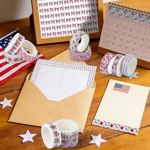 Patriotic Floral Washi Tape - 12 Rolls Red White Blue Flower Designs Acid Free Repositionable Adhesive Paper for Scrapbook Gift Wrapping Card Making Journal Independence Veterans Day Crafts