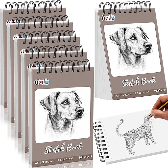 6 Pcs Sketch Book Bulk 5.5 x 8.5 In 600 Sheets Top Spiral Bound Sketch Pad Drawing Paper 100 Sheets Each Acid Free Mixed Media Sketchbook 68lb/100gsm Art Supplies for Beginner Artist
