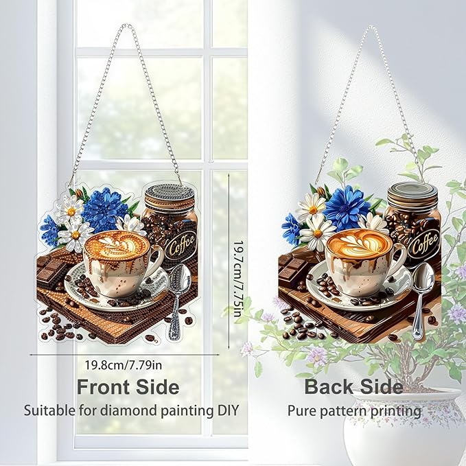TOSTOG Cappuccino Sign Diamond Art Pendant Kits for Adult, Blue Diamond Painting Hanging Kit for Beginners, 5D DIY Crafts Gem Art, Waterproof Full Accessories for Home Decor Idea 20 * 20 cm/8 * 8 in