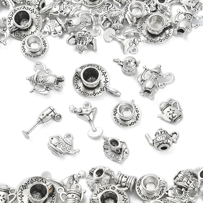 DanLingJewelry 100Pcs 10 Styles Antique Silver Afternoon Tea Theme Charms Tea Cup and Teapot Coffee Mug Charms DIY Jewelry Making