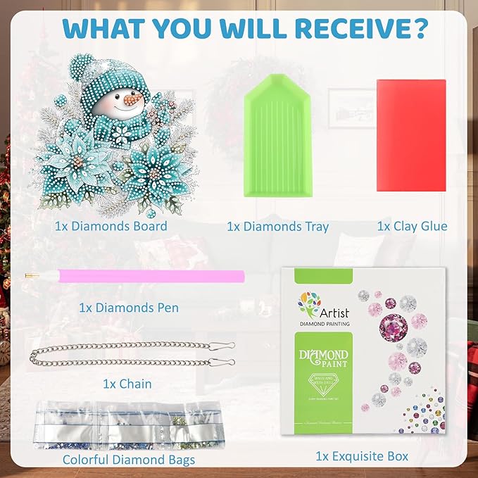 MEIYUDA Snowman Diamond Art Hanging Kits for Adult, Winter Snowflake Diamond Painting Hanging Kits Ornaments, DIY Special Shaped Rhinestone Window Pendants kit for Home Garden Wall Decor Gift