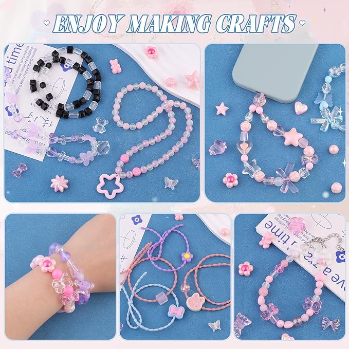 200-260pcs tinkrstuff assorted acrylic beads pink cute beads for bracelet making, bow aesthetic gummybear flower candy butterfly kawaii charms for jewelry making diy necklace keychain phone charm