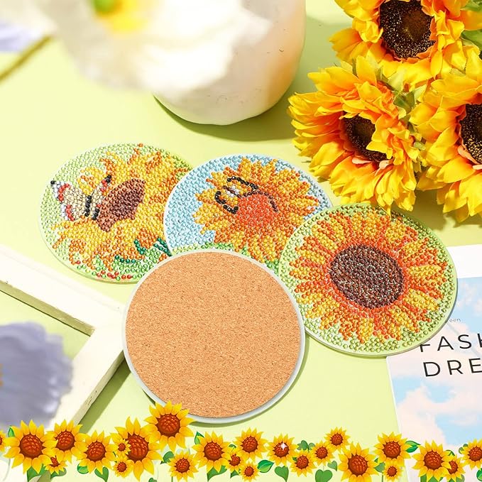 UPINS 8Pcs Sunflower Diamond Art Painting Coasters for Drinks DIY Coaster Diamond Art Kits for Adults Diamond Art Craft Supplies (Sunflower)