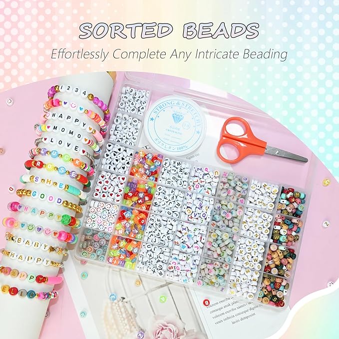 1500 Pieces 6 Colors Letter Alphabet Beads and Number Heart Beads Round Flat and Crystal Line for Jewelry Making
