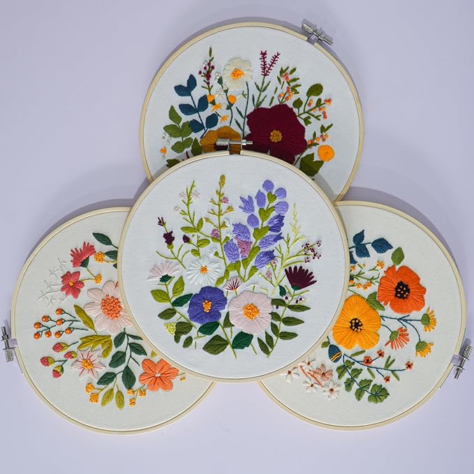 bonroy embroidery kit for beginners with instructions,cross stitch kits for adults with pattern,needlepoint kits for adult include embroidery cloth hoops needles threads (flowers2)
